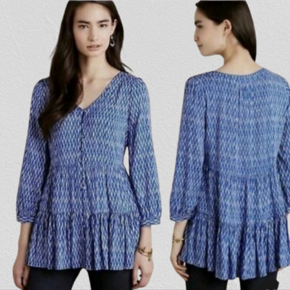 Anthropologie Maeve Blue White "Lila" Ruffle Tunic Babydoll Blouse, sz S